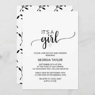 Invitation Coeur rose   Simple calligraphie noire C'est une f