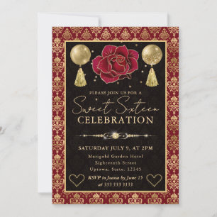 Invitation Cœur Rouge & Or Damassé & Rose Sweet Sixteen