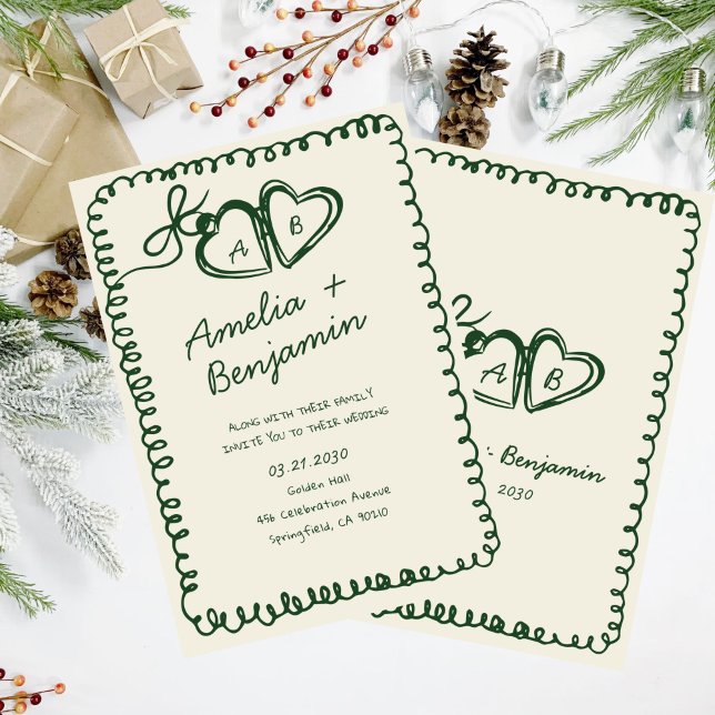 Invitation cœur vert dessiné à la main Mariage fantaisiste  (Créateur téléchargé)