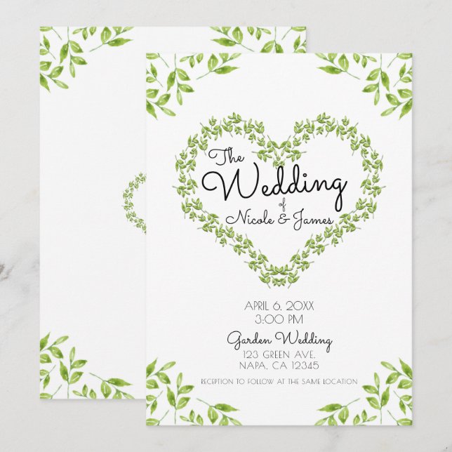 Invitation Coeur Vert Feuilles Shabby Chic Mariage de verdure (Devant / Derrière)