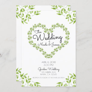 Invitation Coeur Vert Feuilles Shabby Chic Mariage de verdure