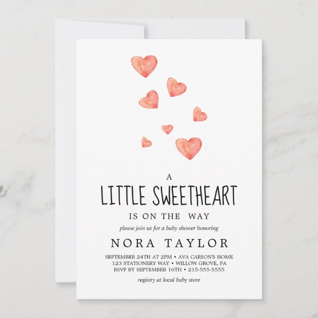 Invitation Coeurs aquarelle | Petit Baby shower de coeur (Devant)
