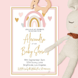 Invitation Coeurs arc-en-ciel baby shower rose