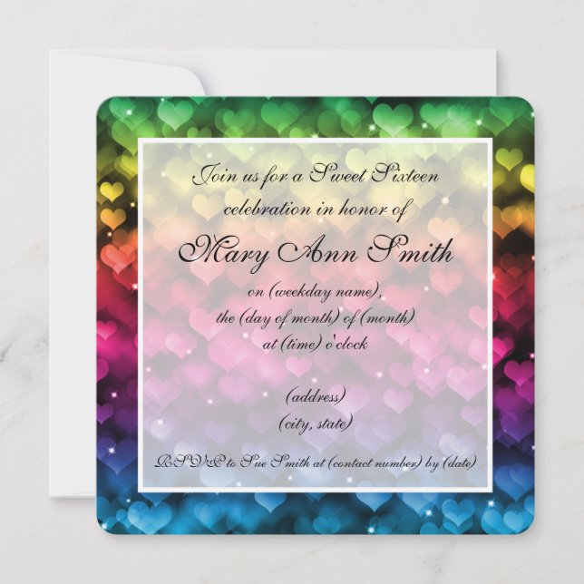 Invitation Coeurs arc-en-ciel de Sweet sixteen (Devant)
