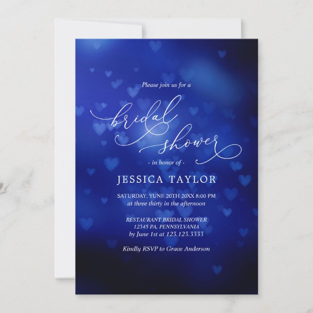 Invitation Coeurs bleu Fête des mariées moderne Bokeh (Devant)