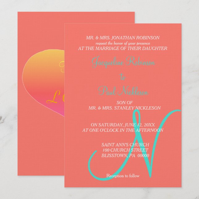 Invitation Coeurs coucher de soleil Monogramme Corail Turquoi (Devant / Derrière)