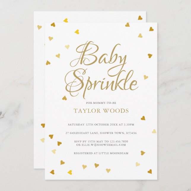 Invitation Coeurs d'amour d'or Confetti Bébé Sprinkle / Douch (Devant / Derrière)