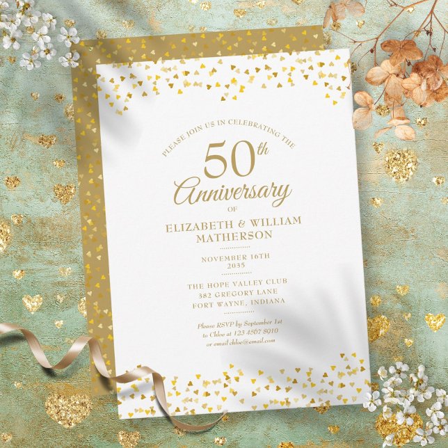 Invitation Cœurs d'amour dorés pour le 50e anniversaire (50th Anniversary Golden Love Hearts Invitation)