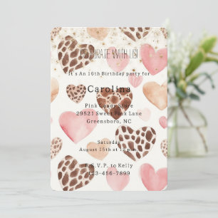 Invitation Cœurs d'animaux Crème Rose Paillettes Dorées Anniv