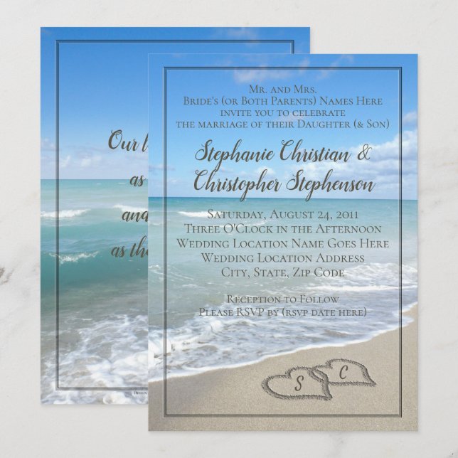 Invitation Coeurs dans la plage de sable Mariage sur mesure M (Devant / Derrière)
