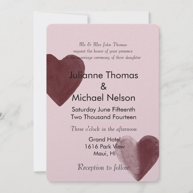Invitation Coeurs d'aquarelle rouge Mariage rose (Devant)