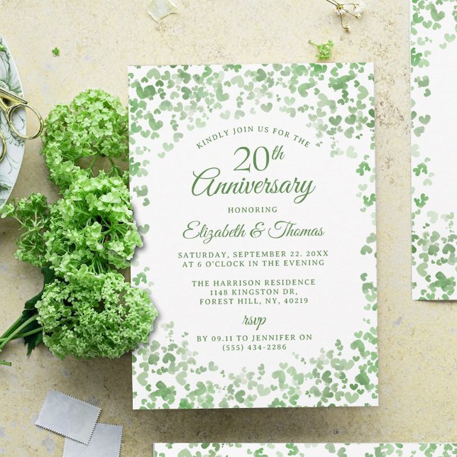 Invitation Coeurs d'aquarelle verte 20e anniversaire de Maria (Créateur téléchargé)