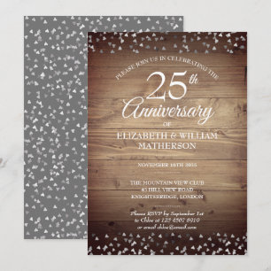 Invitation Cœurs d'argent pour le 25e anniversaire Bois rusti