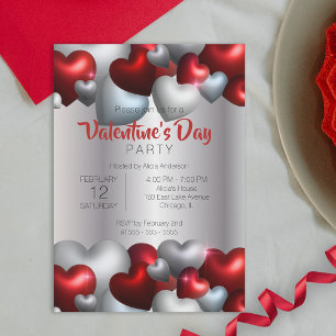 Invitation Coeurs d'argent rouge élégant Saint Valentin