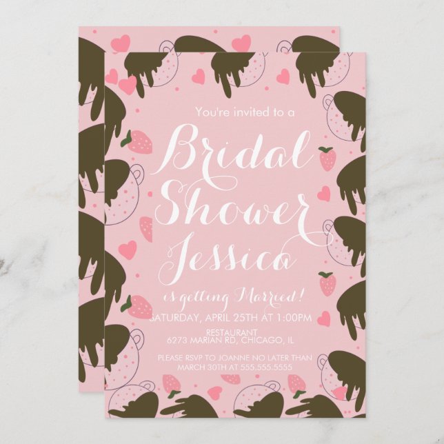 Invitation Cœurs de café dégoulinants au chocolat fraise mign (Devant / Derrière)