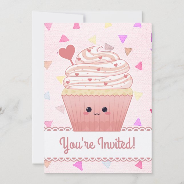 Invitation Cœurs de Cupcake Kawaii rose (Dos)