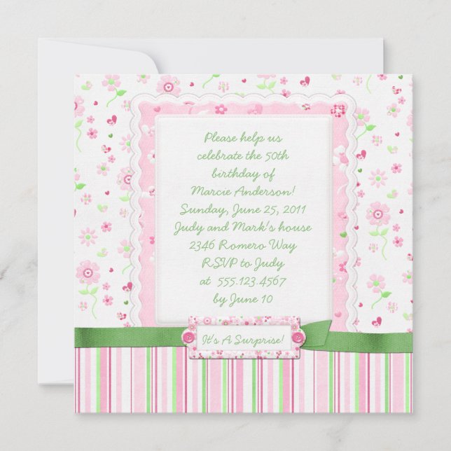 Invitation Coeurs de fleurs vertes roses pour filles Annivers (Devant)