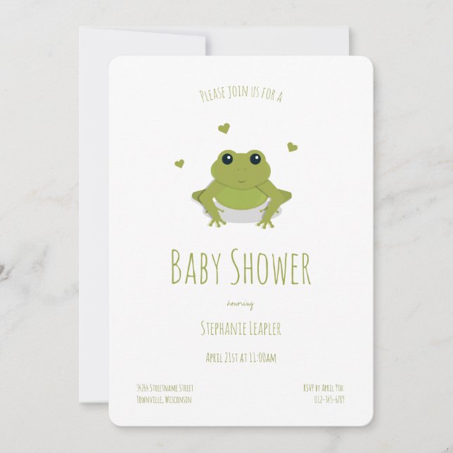 Invitation Coeurs de grenouille Baby shower animal vert migno (Devant)