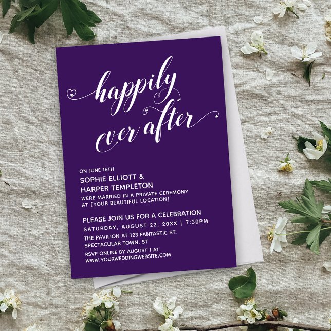 Invitation Cœurs de La Fin Heureuse Script Réception Violet (Créateur téléchargé)