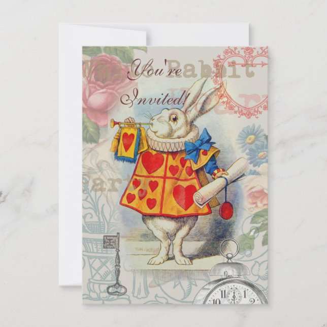 Invitation Cœurs de Lapin Blanc Alice Classique (Devant)