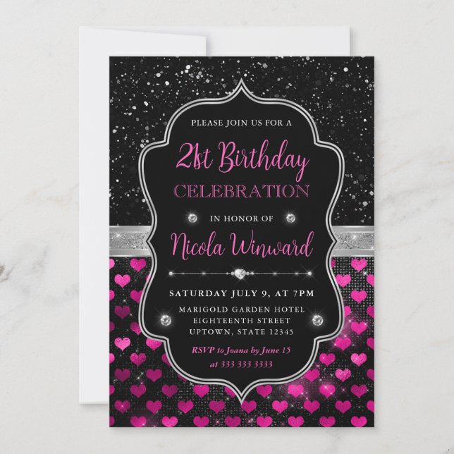 Invitation Coeurs de Parties scintillant rose et noir 21e ann (Devant)
