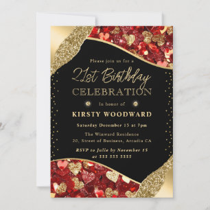 Invitation Coeurs de Parties scintillant rouge et or 21e anni