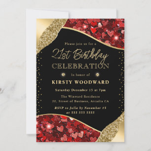 Invitation Coeurs de Parties scintillant rouge et or 21e anni