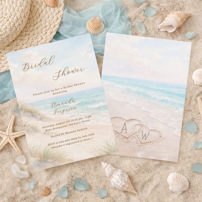 Invitation Cœurs de plage initiales sable Shower de mariage (Créateur téléchargé)