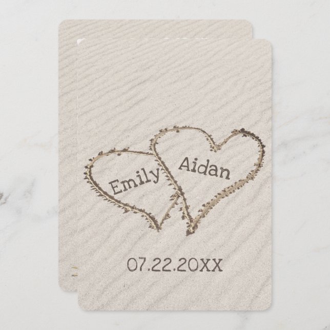 Invitation Coeurs de plage mariages avec noms (Devant / Derrière)