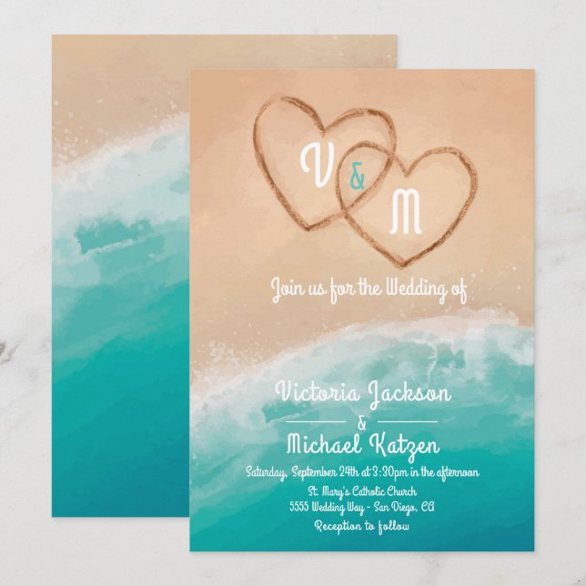 Invitation Coeurs de plage tropicaux dans le Mariage de sable (Devant / Derrière)