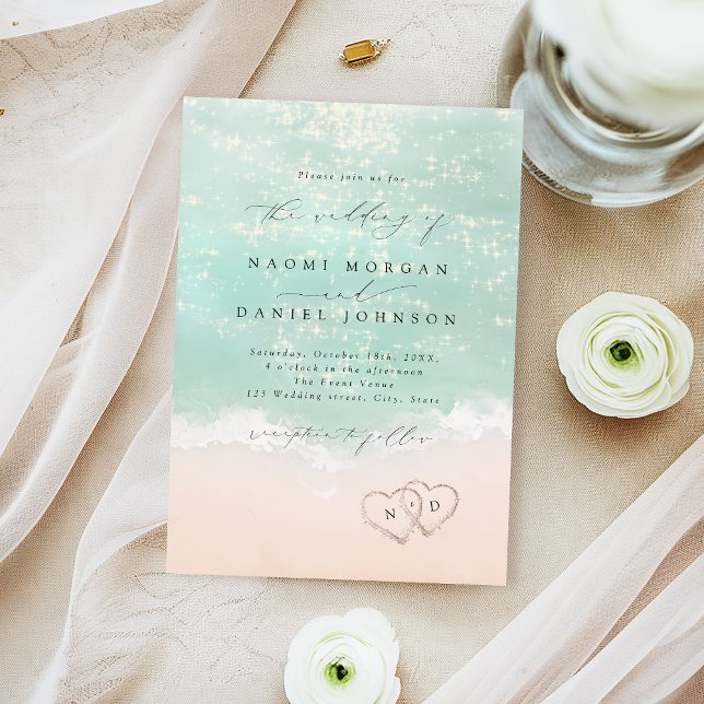 Invitation Coeurs De Script Moderne Dans Le Mariage De La Pla (Modern Script Hearts In The Sand Beach Wedding Invitation)
