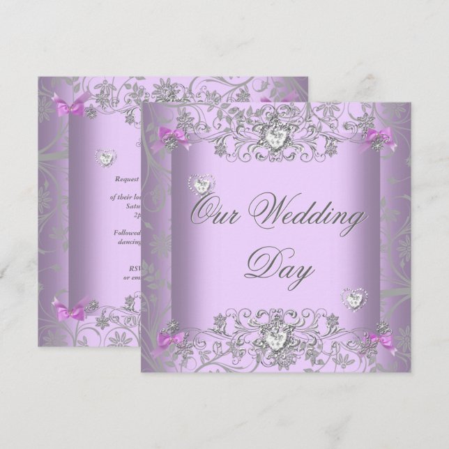 Invitation Coeurs Diamants d'argent Lilac Mariage damassé (Devant / Derrière)