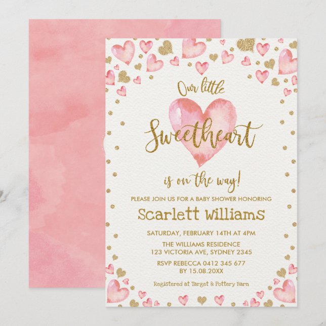 Invitation Coeurs d'invitation Baby shower rose or amoureux (Devant / Derrière)