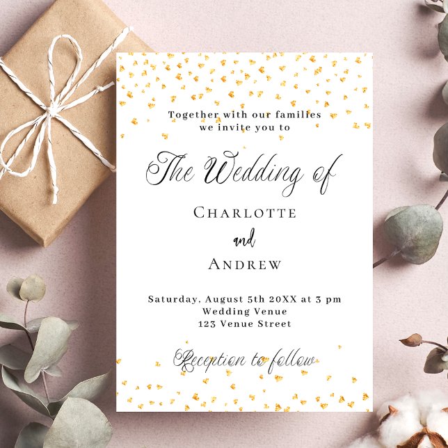 Invitation Coeurs d'or blanc mariage élégant script (Créateur téléchargé)