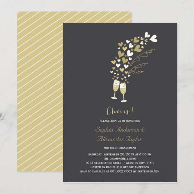 Invitation Coeurs D'Or Et Champagne Fête De L'Engagement (Devant / Derrière)
