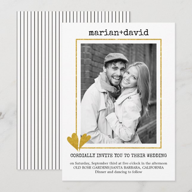 Invitation Coeurs d'or machine à écrire moderne photo mariage (Devant / Derrière)