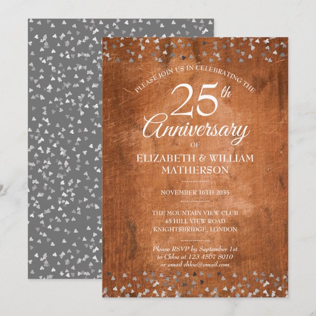 Invitation Cœurs en argent rustique vintage en bois 25e anniv (Devant / Derrière)
