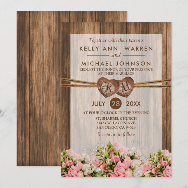 Invitation Coeurs en bois monogramme avec roses roses roses e (Devant / Derrière)
