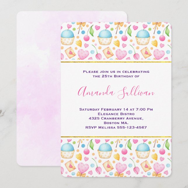 Invitation Coeurs et amour délicieux Motif d'aquarelle (Devant / Derrière)