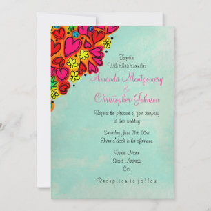 Invitation Coeurs et fleurs de Doodle mignon Mariage