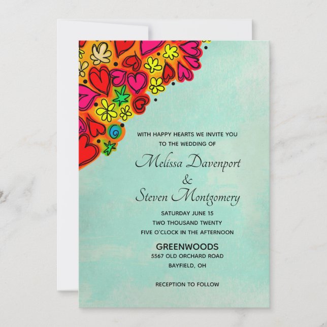 Invitation Coeurs et fleurs de Doodle mignon Mariage (Devant)