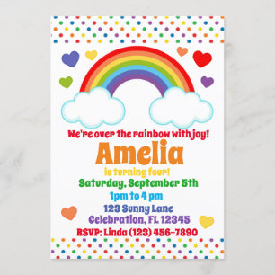 Invitation Coeurs et points arc-en-ciel Filles Anniversaire