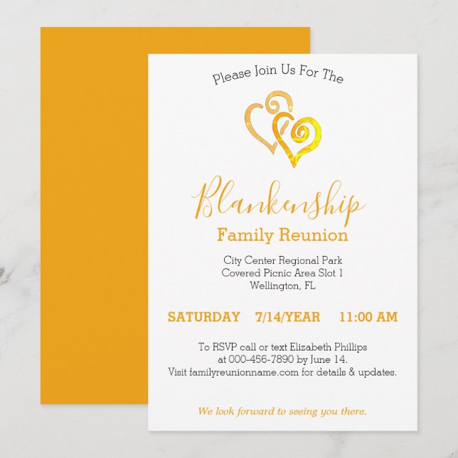 Invitation Coeurs liés Jaunes Modèle de réunion de famille (Devant / Derrière)