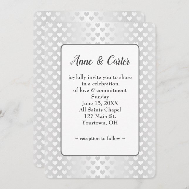Invitation Coeurs Mariages blancs Shimmer (Devant / Derrière)