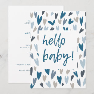 Invitation Coeurs modernes Blue Boy Hello Baby shower