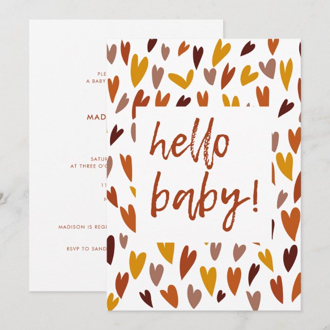 Invitation Coeurs modernes Genre Neutre Bonjour Baby shower (Devant / Derrière)