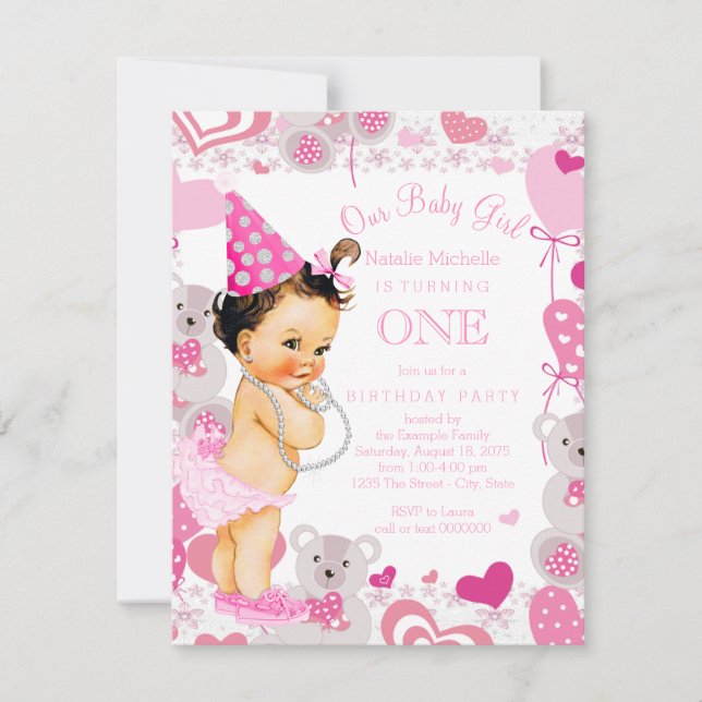 Invitation Coeurs nounours Filles 1er anniversaire (Devant)