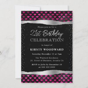 Invitation Cœurs Pailletés Rose et Noir pour 21e Anniversaire