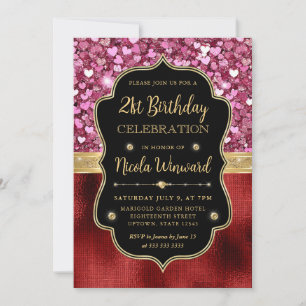 Invitation Cœurs Pailletés Roses et 21e Anniversaire en Feuil