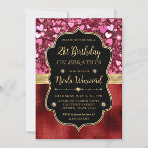 Invitation Cœurs Pailletés Roses et 21e Anniversaire en Feuil
